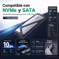 Case Externo UGREEN CM767 M.2 NVMe/SATA SSD USB-C 10Gbps 3