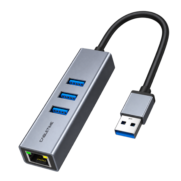 Hub USB 3.0 CABLETIME CB55G 3 Puertos + RJ45 Gigabit USB-A · Gris